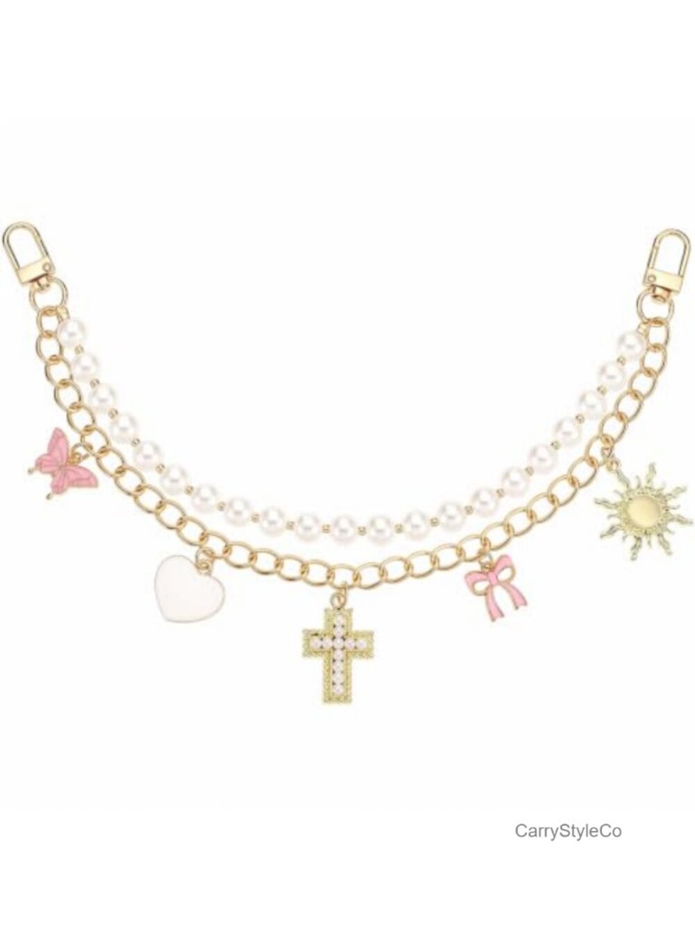Double Layer Pearl Bag Charm Cross Heart Star Gold Chain Purse Strap Keychain